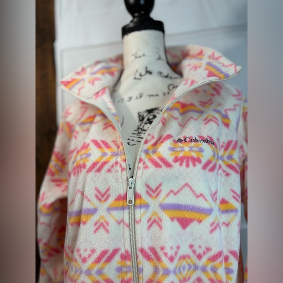 Columbia Women’s XL Fleece Jacket Pink Yellow Pattern Zip Pockets - Picture 3 of 10
